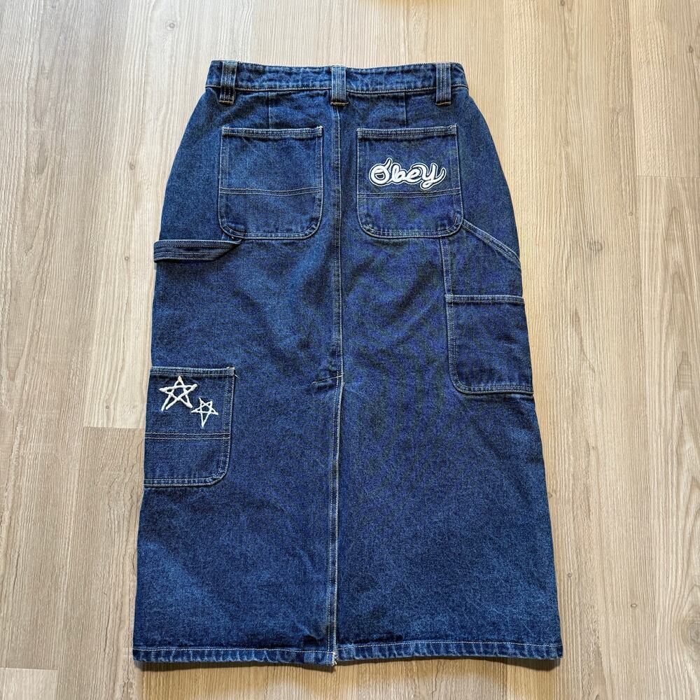 Women's Obey Juniper Embroidered Denim Blue Jean Long Skate Skirt Sz 26 x 30
